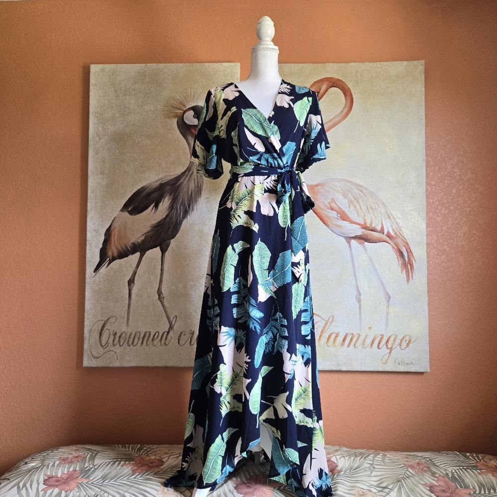 3/$25 Shein Maxi Dress Tropical Floral Short Sleeve Navy Blue Green Large - Picture 1 of 15